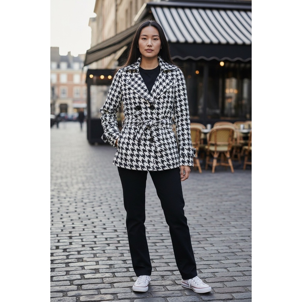 Fenn Wright Manson Houndstooth‎ Belted Double Breasted Trench Coat Womens Size S